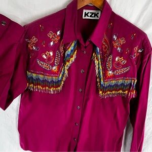 Vintage 90s Embroidered Beaded Western Shirt L Hot Pink Rodeo Coastal Cowgirl
